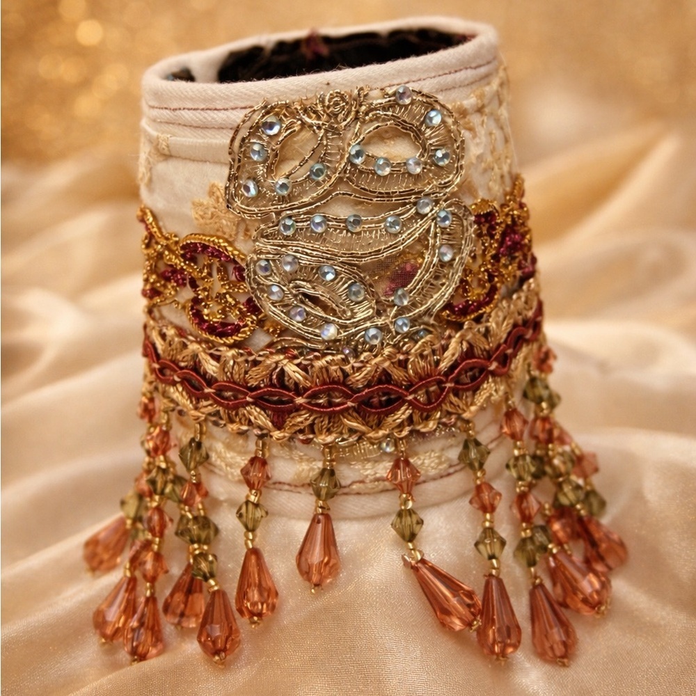 RUBYRUDI Cuff Bracelet Handcrafted OOAK Fabric Embellished Artisan Wearable Art